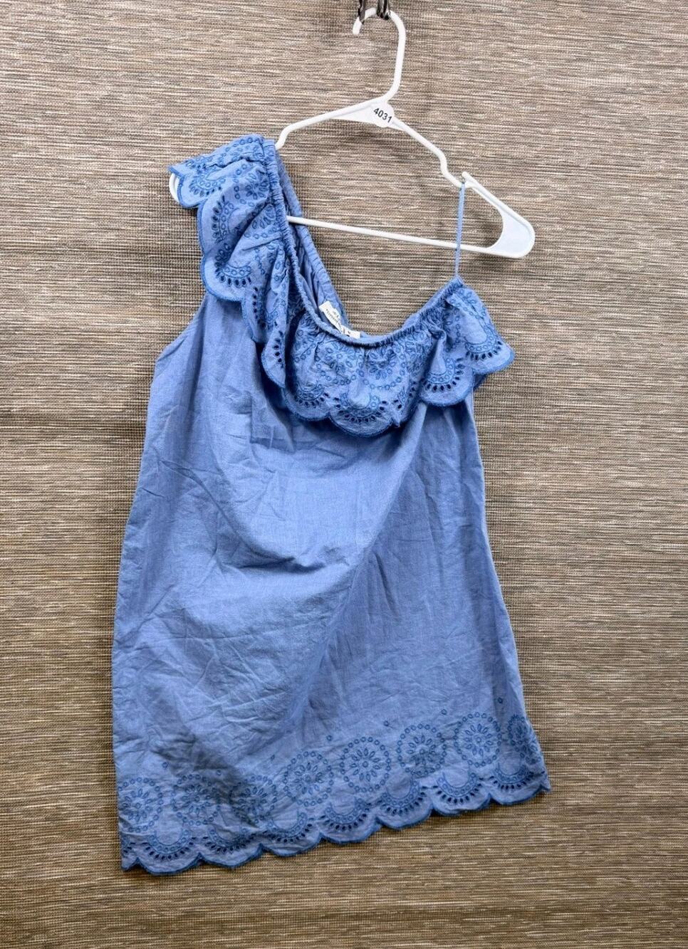 Vineyard Vines One Shoulder Dress Womens Size M Blue Eyelet Chambray Ruffle Mini